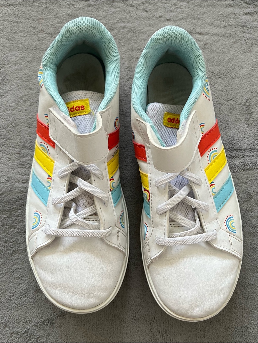 Adidas Grand Court Top Strap Cloud White w/Bold Orange,Yellow,&Lt.Blue Stripes